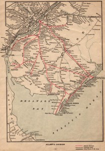 Contemporary railroad map of southern New Jersey. The Camden & Atlantic is the red line running due southeast from Philadelphia 